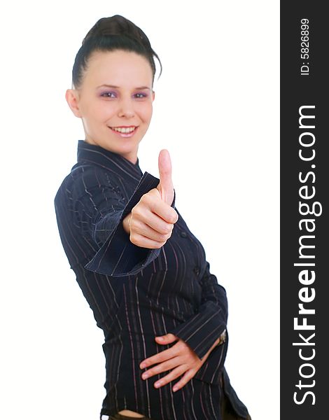 Cheerful businesswoman showing thumbs up