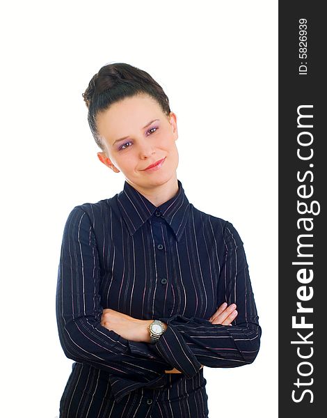 Young businesswoman in black shirt standing, isolated on white background