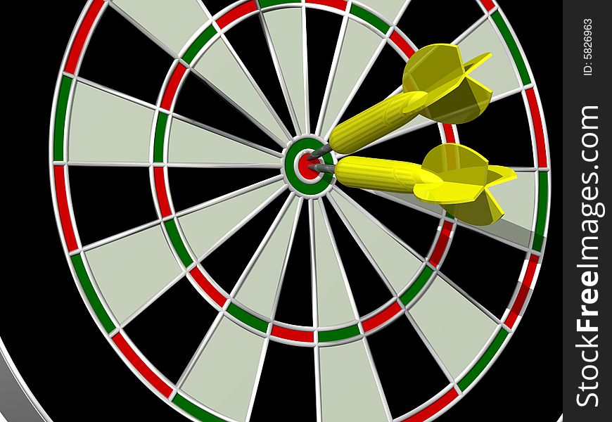 Perfect yellow darts striking bullseye. Perfect yellow darts striking bullseye