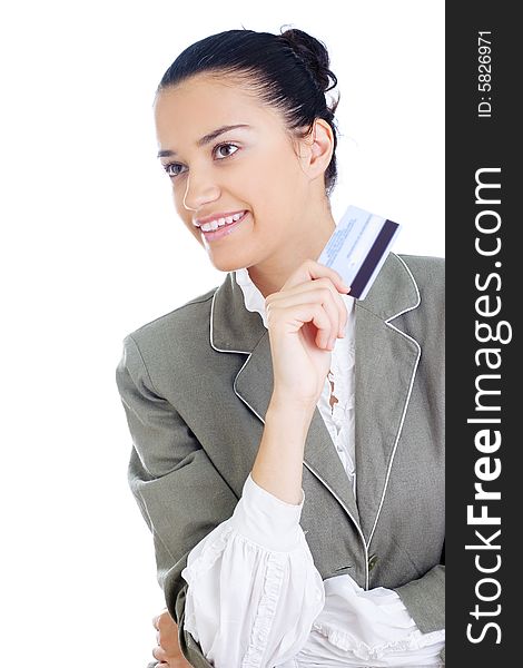 Young businesswoman holding credit card