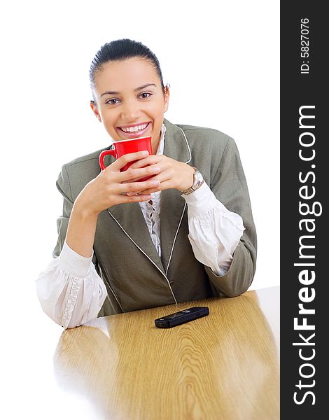 Cheerful businesswoman drinking coffee