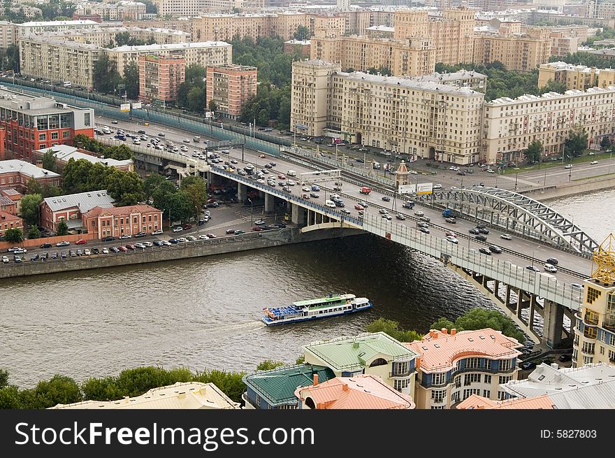 Bridge and river. View from the great height. Bridge and river. View from the great height