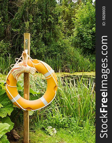 A floatation ring provides a safe environment at the side of a lake. A floatation ring provides a safe environment at the side of a lake