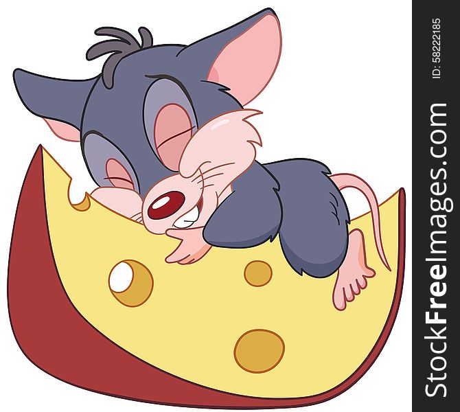 Mouse is sleeping on a piece of cheese. Mouse is sleeping on a piece of cheese