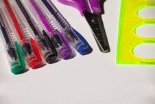 Colored Pens, Scissors And Ruler Royalty Free Stock Images