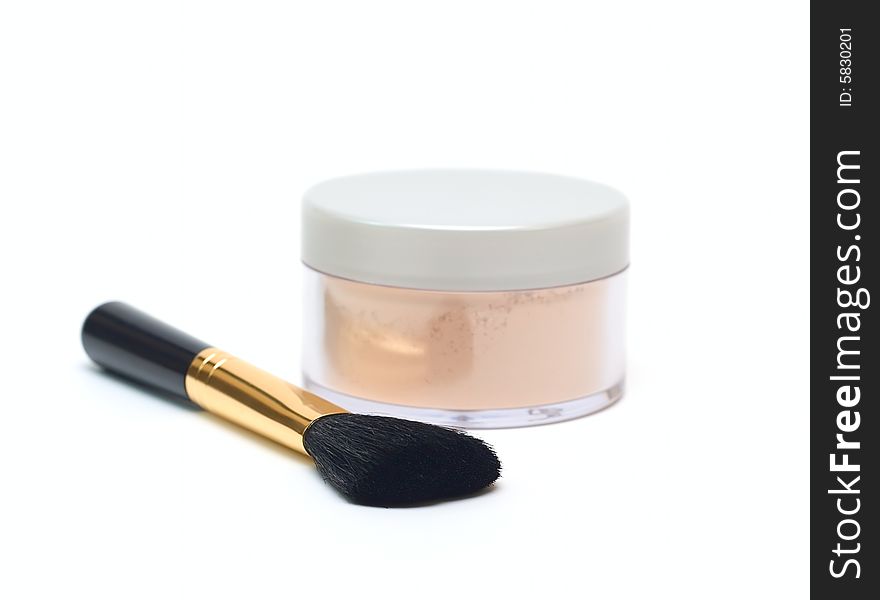 Cosmetic powder in jar and brush isolated on white for your design