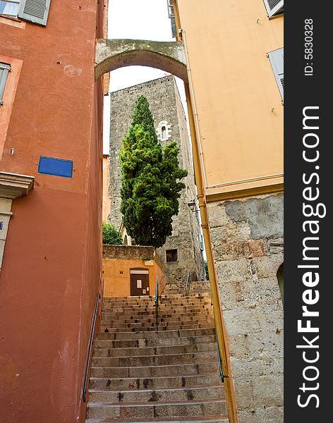 Stairs leading to a green tree in front of an ancient tower