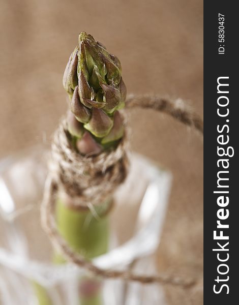 Asparagus spear tied by rope on brown background, super macro, shallow DOF