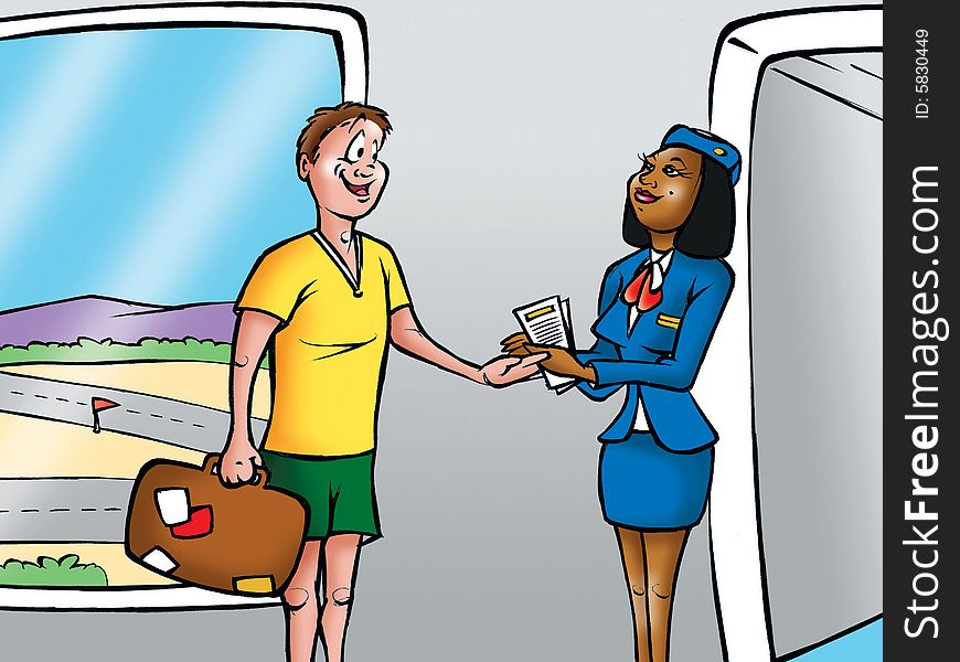 Cartoon illustration of man boarding an airplane