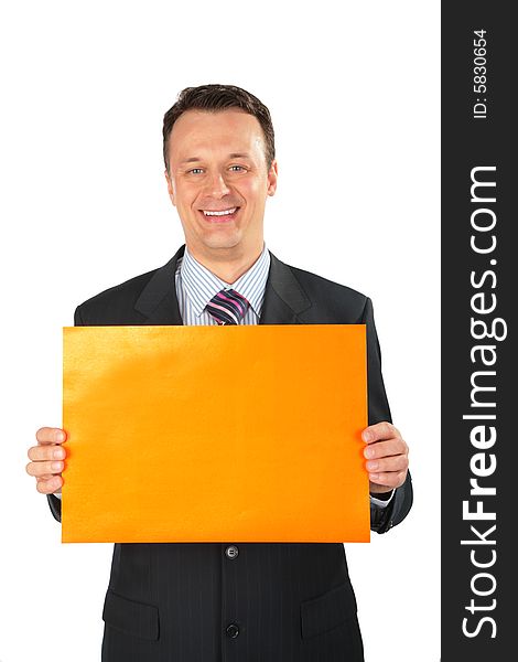 Businessman with orange leaf of paper. focus on paper with hands