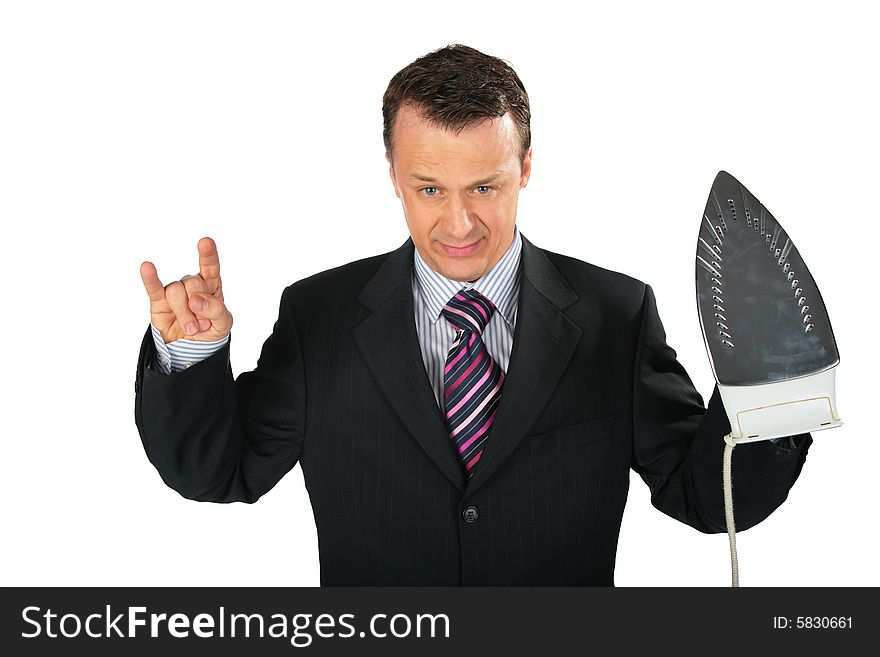 Angry businessman gangster with iron on white