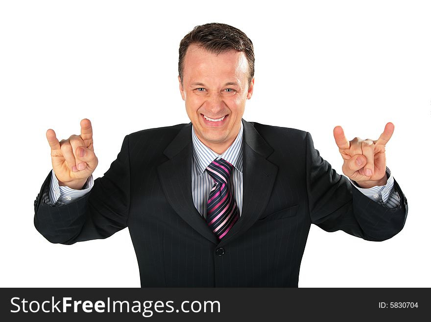 Businessman represents gangster with spred wide fingers on white