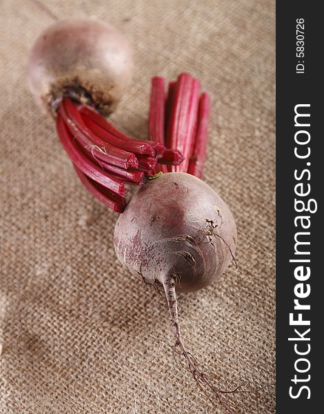 Two fresh bootroot on brown hessian rustic background, shallow DOF