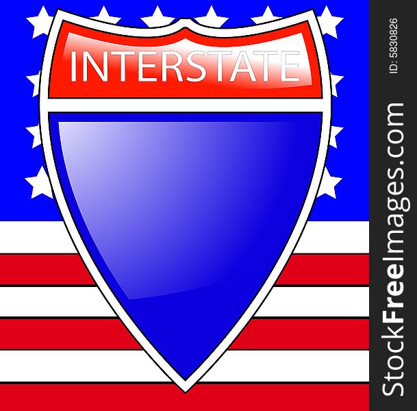 The interstate sign symbol with the American flag behind it. The interstate sign symbol with the American flag behind it.