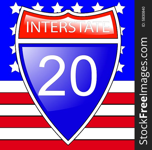 The interstate sign symbol with the American flag behind it.