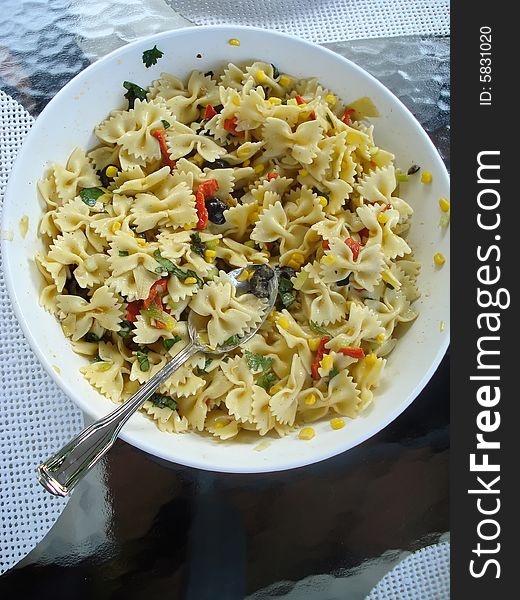 Chilled Summer Pasta Salad Served at Outdoor Meal