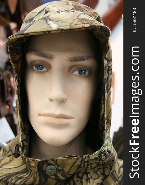 Head of mannequin in masking, disguise hood