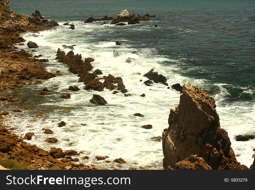 Rocky coastline Balboa beach in southern Califorina