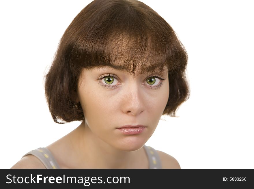 A photo of beautiful sad woman over white. A photo of beautiful sad woman over white