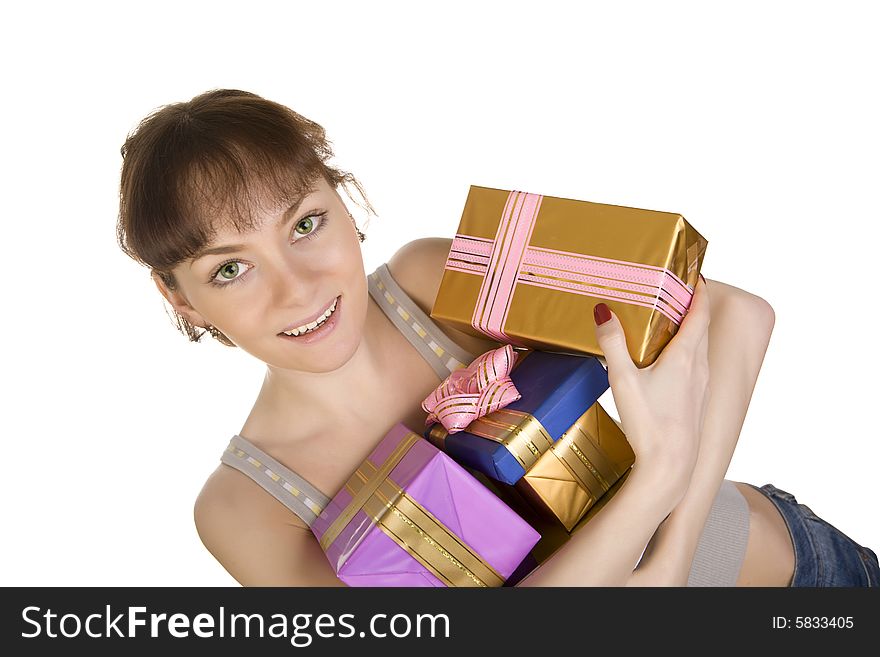 A close- up of happy girl with gifts over white