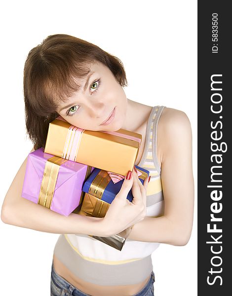 A photo of girl with gifts over white