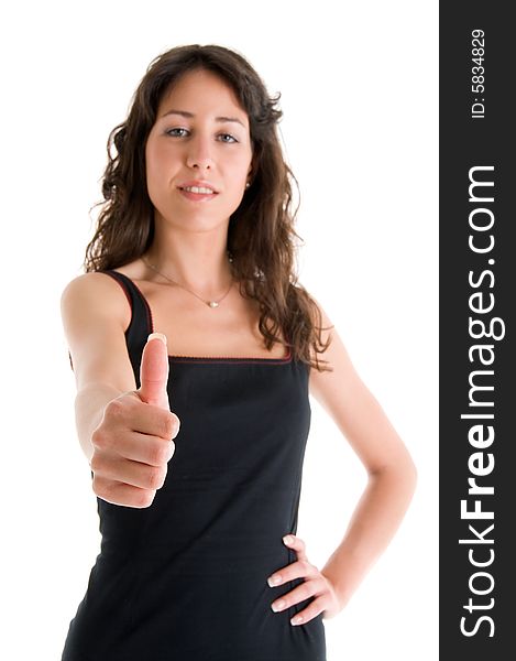 Successful young woman, focus on thumb