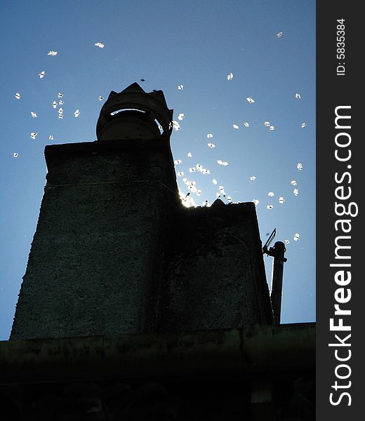 Bees or wasps swarming around a nest on a chimney pot. Bees or wasps swarming around a nest on a chimney pot