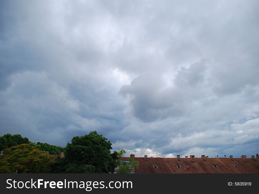 Roof tops of apartments on a cloudy day