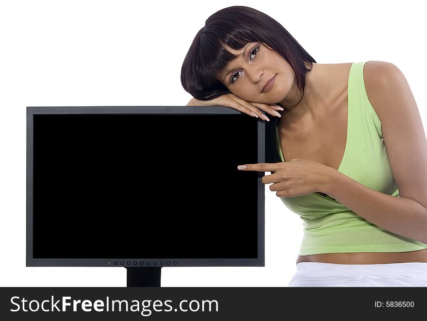 Atractive woman holding a blank sign (LCD) on a white background. Atractive woman holding a blank sign (LCD) on a white background
