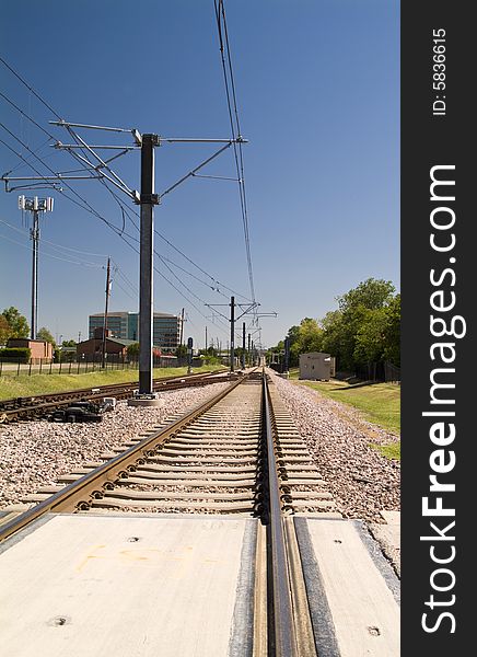 The tracks of a light rail or cable car system. The tracks of a light rail or cable car system.