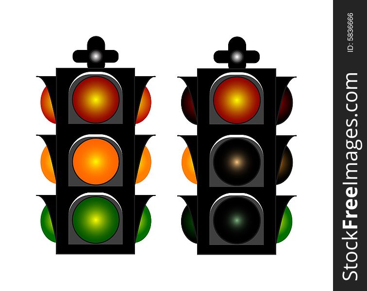 Two vintage downtown traffic light on white background. Two vintage downtown traffic light on white background