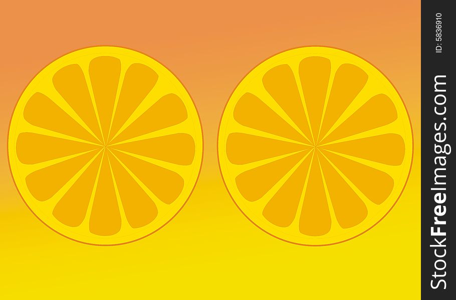 Background, wallpaper or designing elements of two slices of orange. Background, wallpaper or designing elements of two slices of orange.