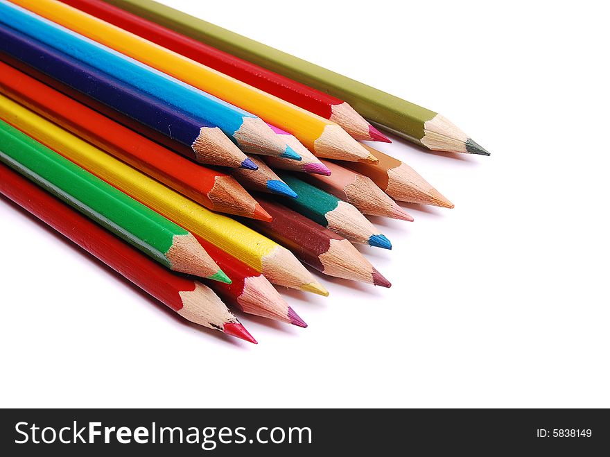 Closeup of color pencils, isolated on white