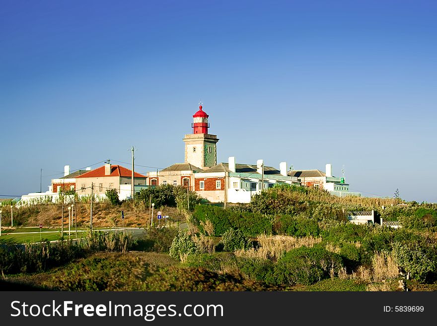 Lighthouse on Cabo da Roca cape in Portugal. Sunrise
