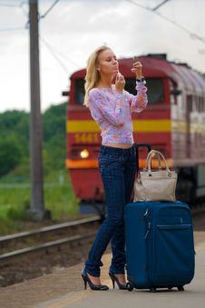 Young Lady Waiting A Train Stock Photo Young Lady Waiting A Train Stock Photo