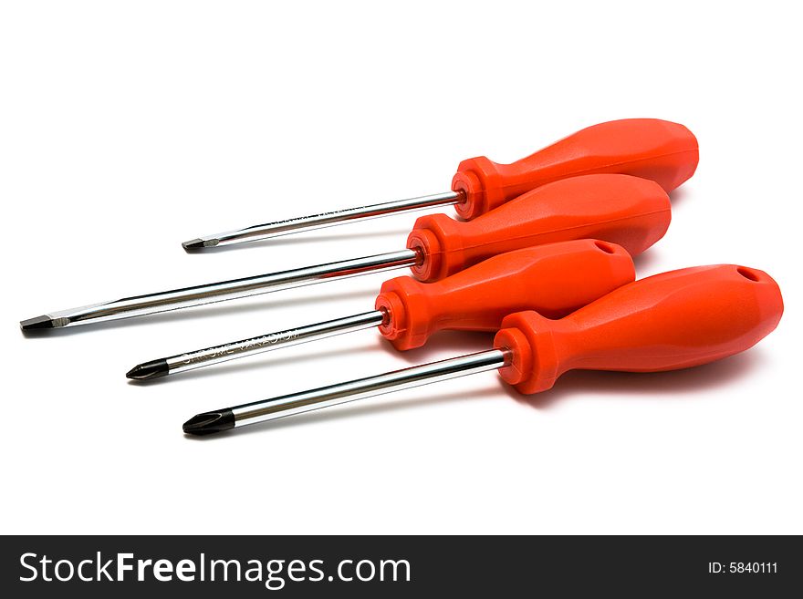 Set of steel screwdrivers on a white background