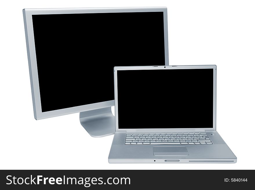 Modern laptop and the display on a white background