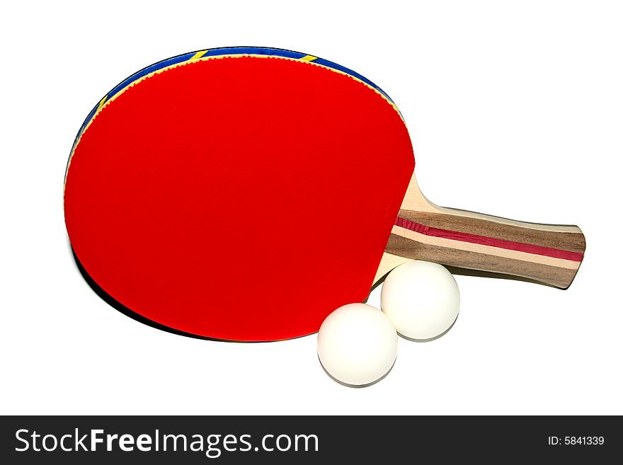 Ping Pong (Table Tennis) Paddle and 2 balls over a white background. Ping Pong (Table Tennis) Paddle and 2 balls over a white background