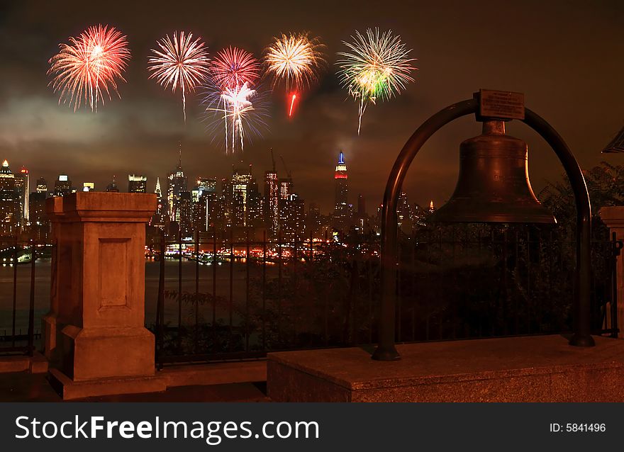 The Mid-town Manhattan Skyline with firework illustration