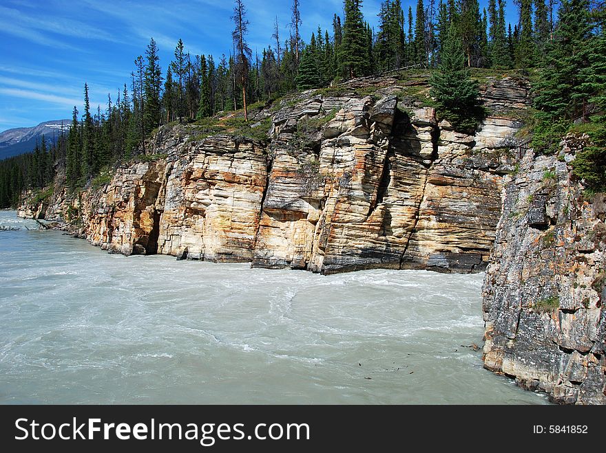 Downstream river of Athabasca Fall in Jasper National Park Alberta Canada. Downstream river of Athabasca Fall in Jasper National Park Alberta Canada