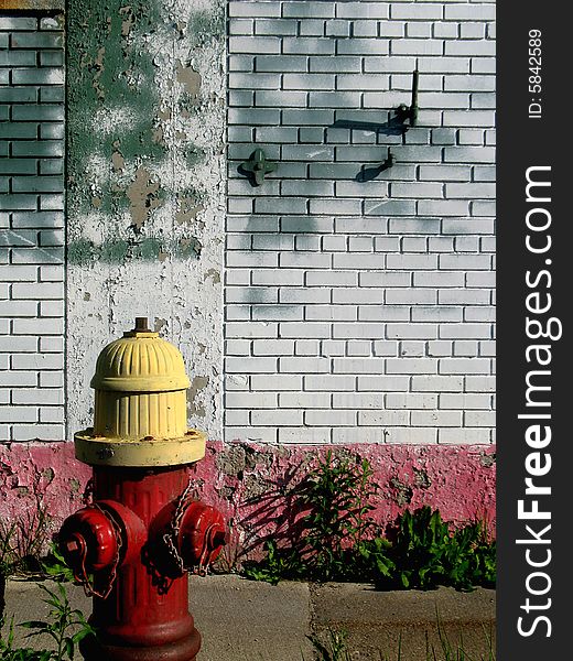 Close-up of fire hydrant in neighborhood. Building and sidewalk in background. Vertically framed shot. Close-up of fire hydrant in neighborhood. Building and sidewalk in background. Vertically framed shot.