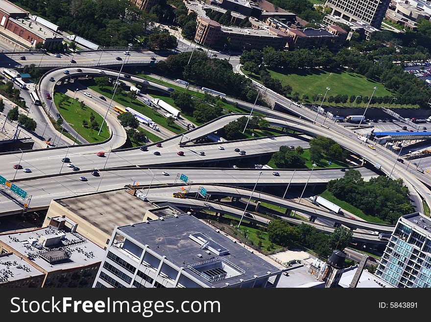 Daytime aerial expressway view of Chicago