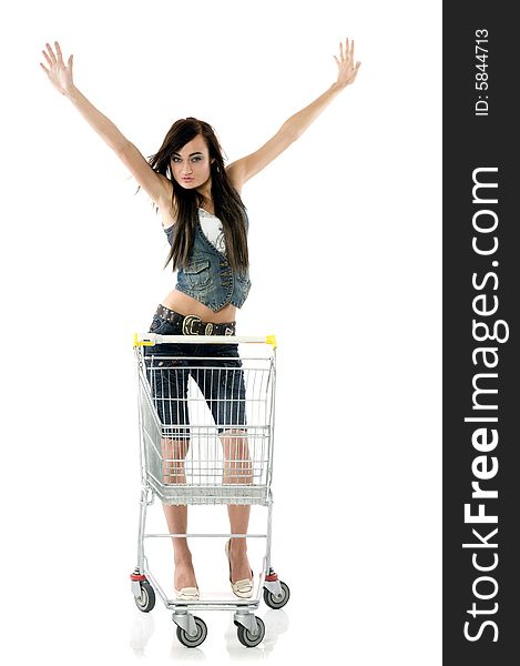 Girl with the shopping cart. Girl with the shopping cart