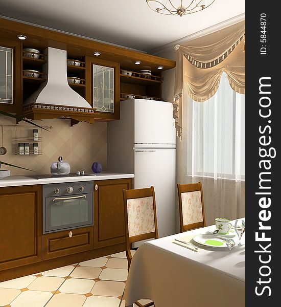 Interior of kitchen with elements of classics