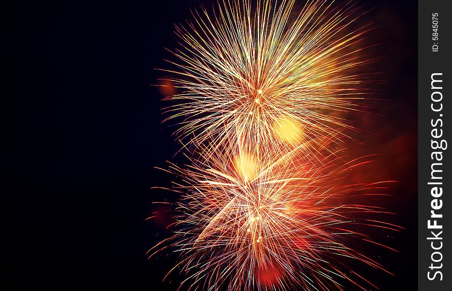 Two colorful fireworks on black sky. Two colorful fireworks on black sky