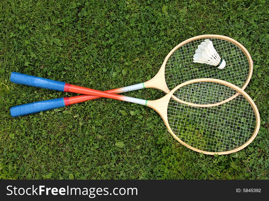 Shuttlecock eqipment on the grass. Shuttlecock eqipment on the grass