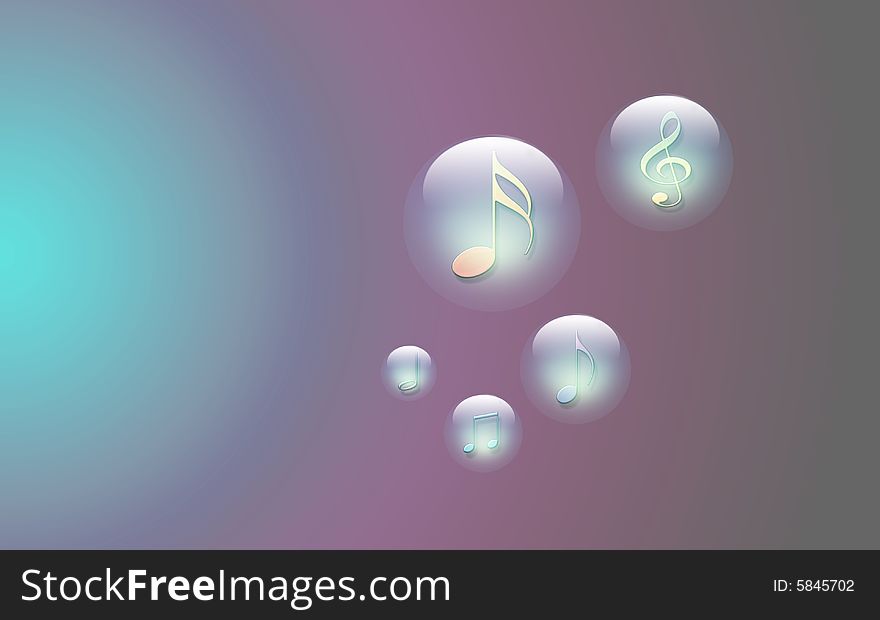 A bunch of colorful music notes rising in jewel like bubbles on a colorful background. A bunch of colorful music notes rising in jewel like bubbles on a colorful background