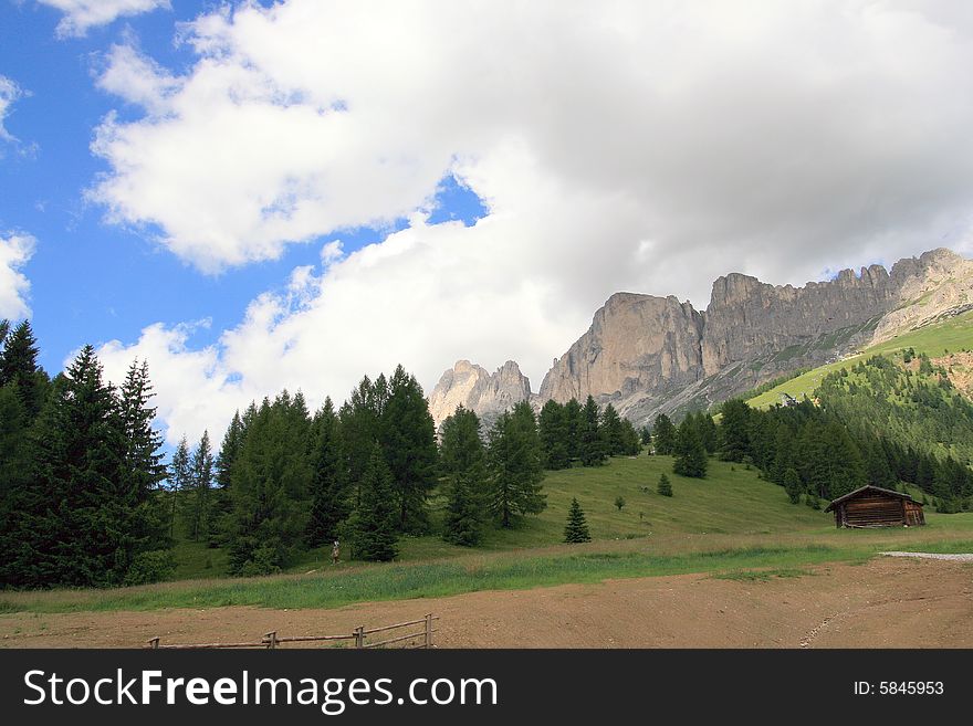 Sella montain group, green valley and woods. Italy. Sella montain group, green valley and woods. Italy