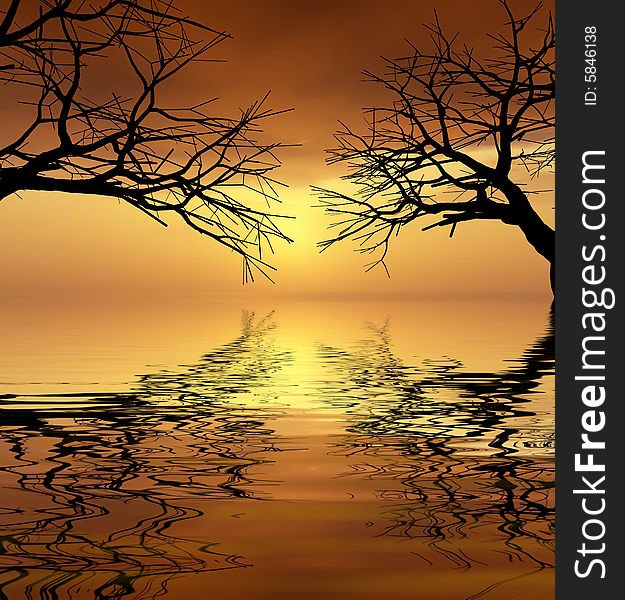 Tree silhouettes at sunset - digital artwork. Tree silhouettes at sunset - digital artwork