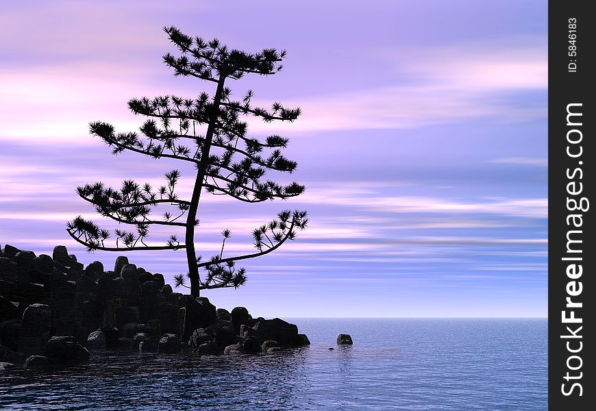 Pine tree at sea coast - digital artwork.